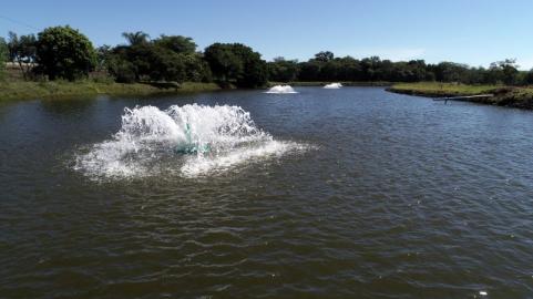 A imagem trás em destaque um aerador do tipo chafariz em funcionamento, ao fundo percebe-se a sequência do açude, com a presença de outros dois aeradores e a margem do açude com grama e árvores presentes.e r