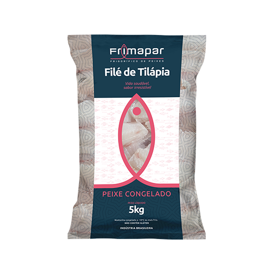 A imagem simula uma embalagem de 5Kg de filé de tilápia Frimapar.