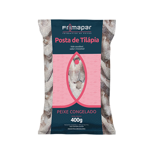 A imagem simula uma embalagem de 400g de posta de tilápia Frimapar.