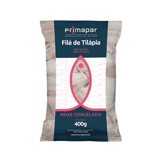 A imagem simula uma embalagem de 400g de filé de tilápia Frimapar.