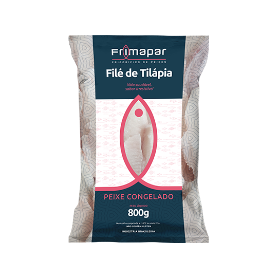 A imagem simula uma embalagem de 800g de filé de tilápia Frimapar.